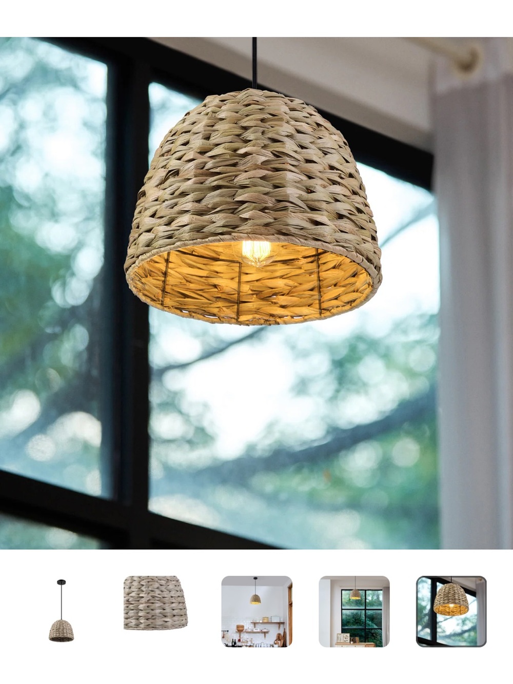 Corbin Woven Twine Pendant Light with Black Cord